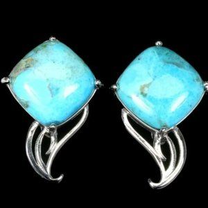 Unheated Cushion Turquoise White Gold on 925 Sterling Silver Earrings